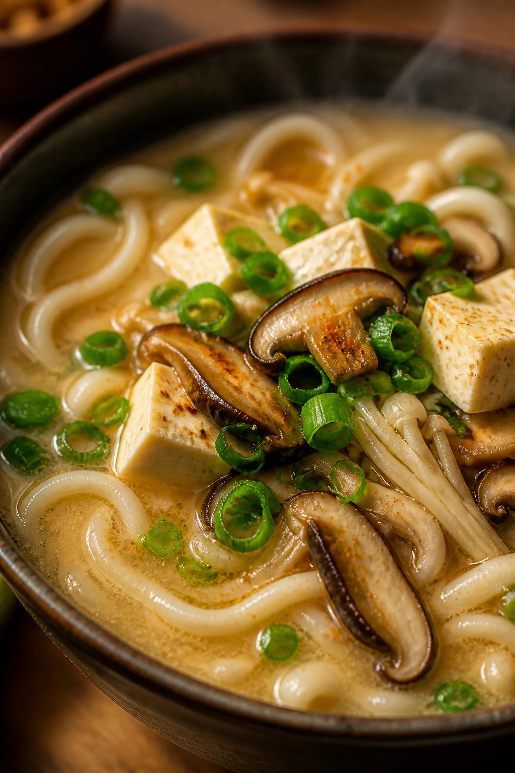 Close-up of Miso Ginger Udon Soup with udon, mushrooms, and tofu.