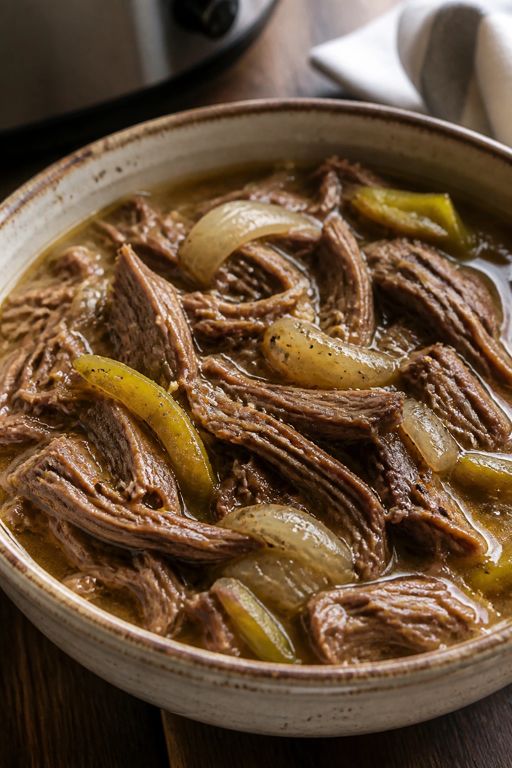 Close-up of Mississippi pot roast with onions in gravy