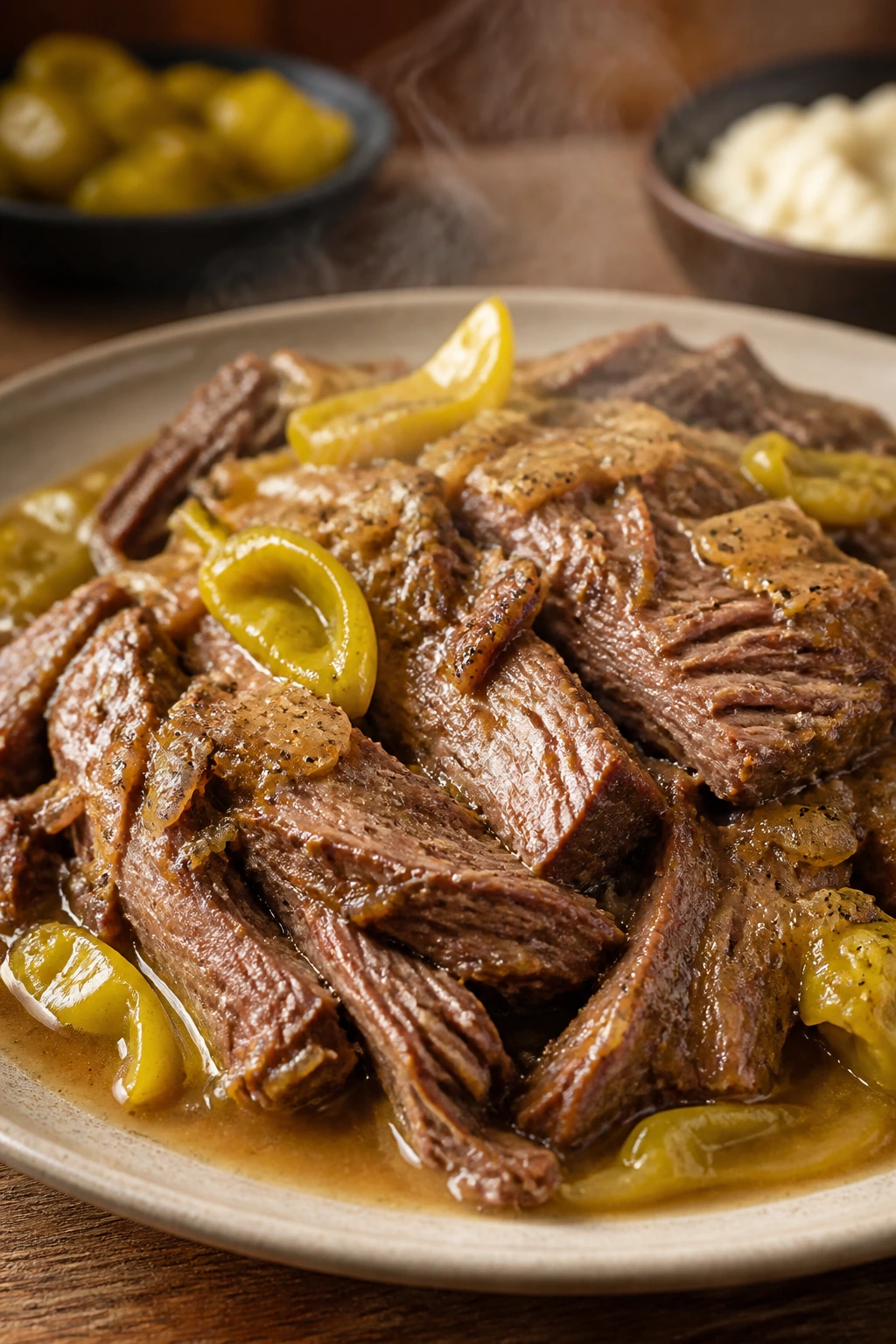 Close-up of Mississippi pot roast with buttery gravy and pepperoncini