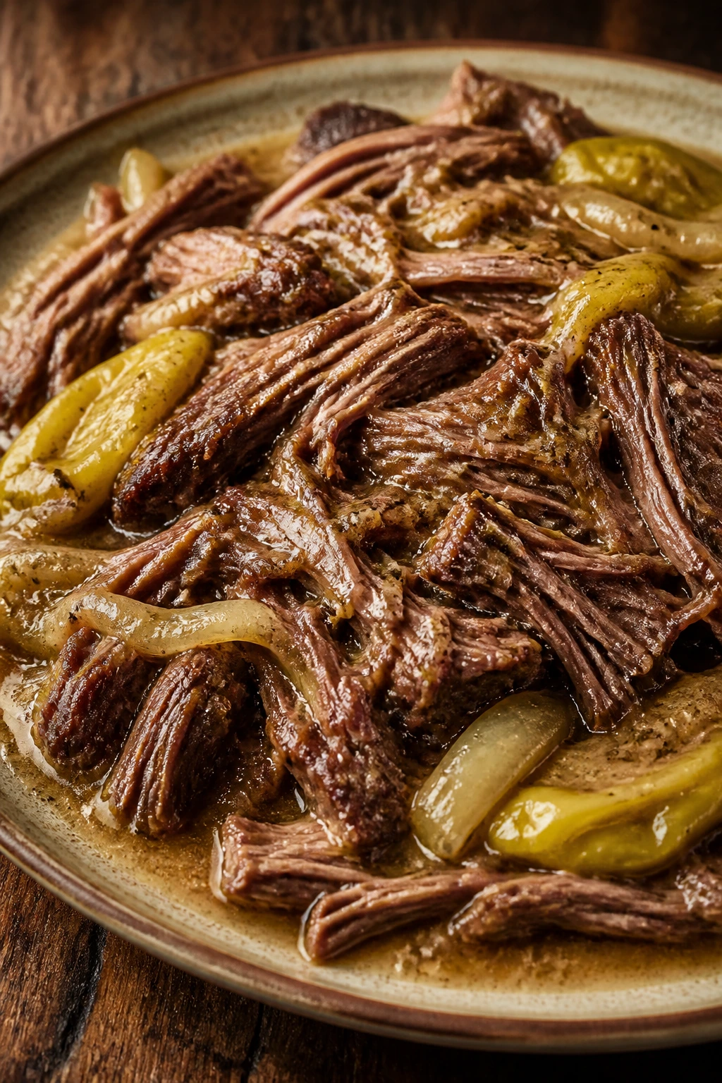 Shredded beef Mississippi pot roast in pepperoncini gravy