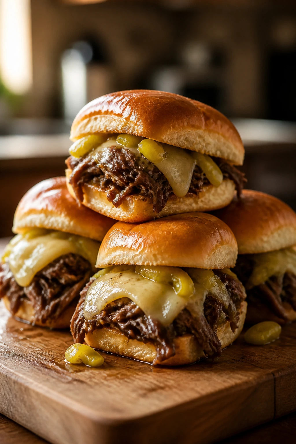 Mississippi pot roast sliders on a wooden board with melted cheese