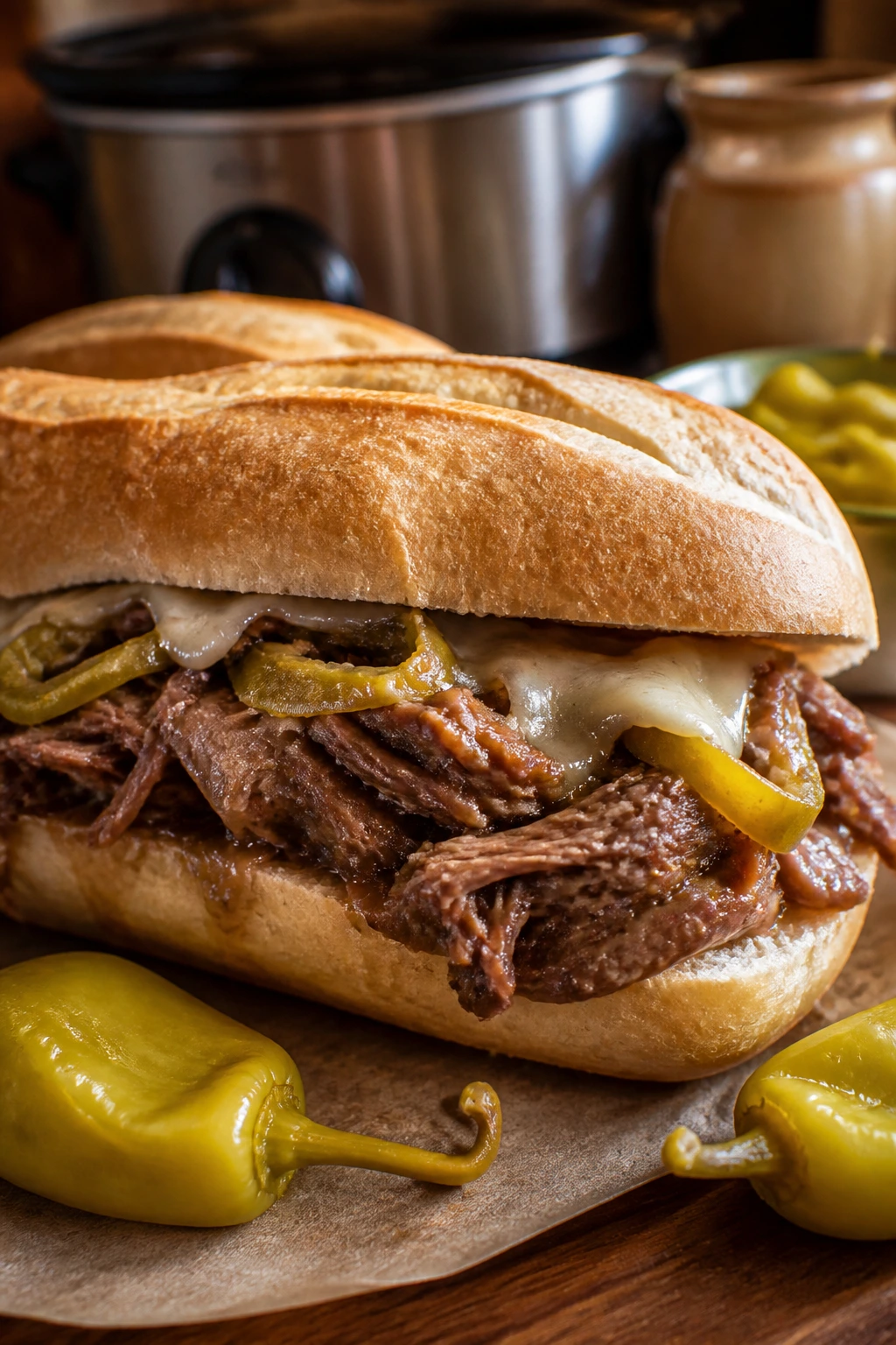 Close-up of Mississippi roast sandwich with pepperoncini on a hoagie.