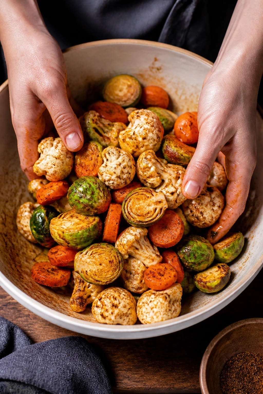 Overhead hands tossing seasoned vegetables in a bowl