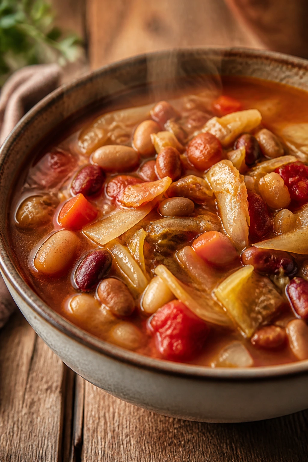 Close-up of Mixed Bean Vegetable Soup with Cabbage in a rustic bowl