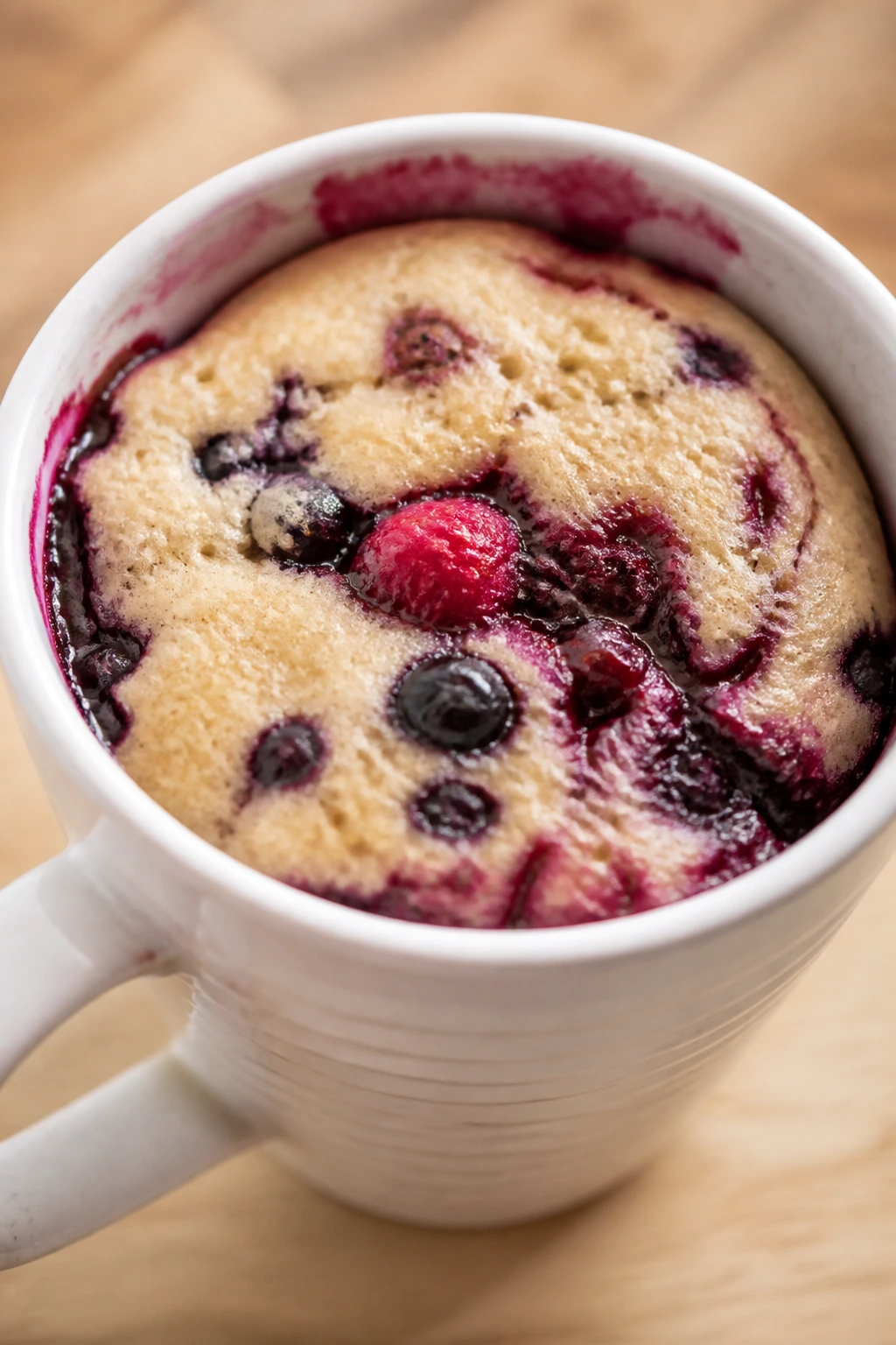 Close-up of Mixed Berry Mug Cake inside a mug on a wooden counter.