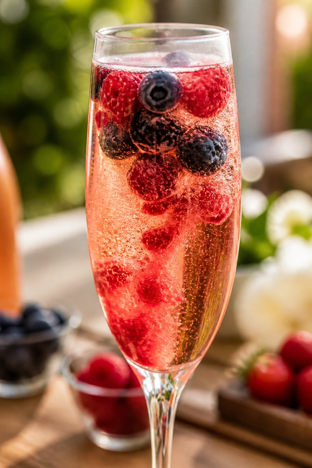 Close-up of Mixed Berry Rosé Mimosa in a flute with mixed berries on a sunlit brunch table