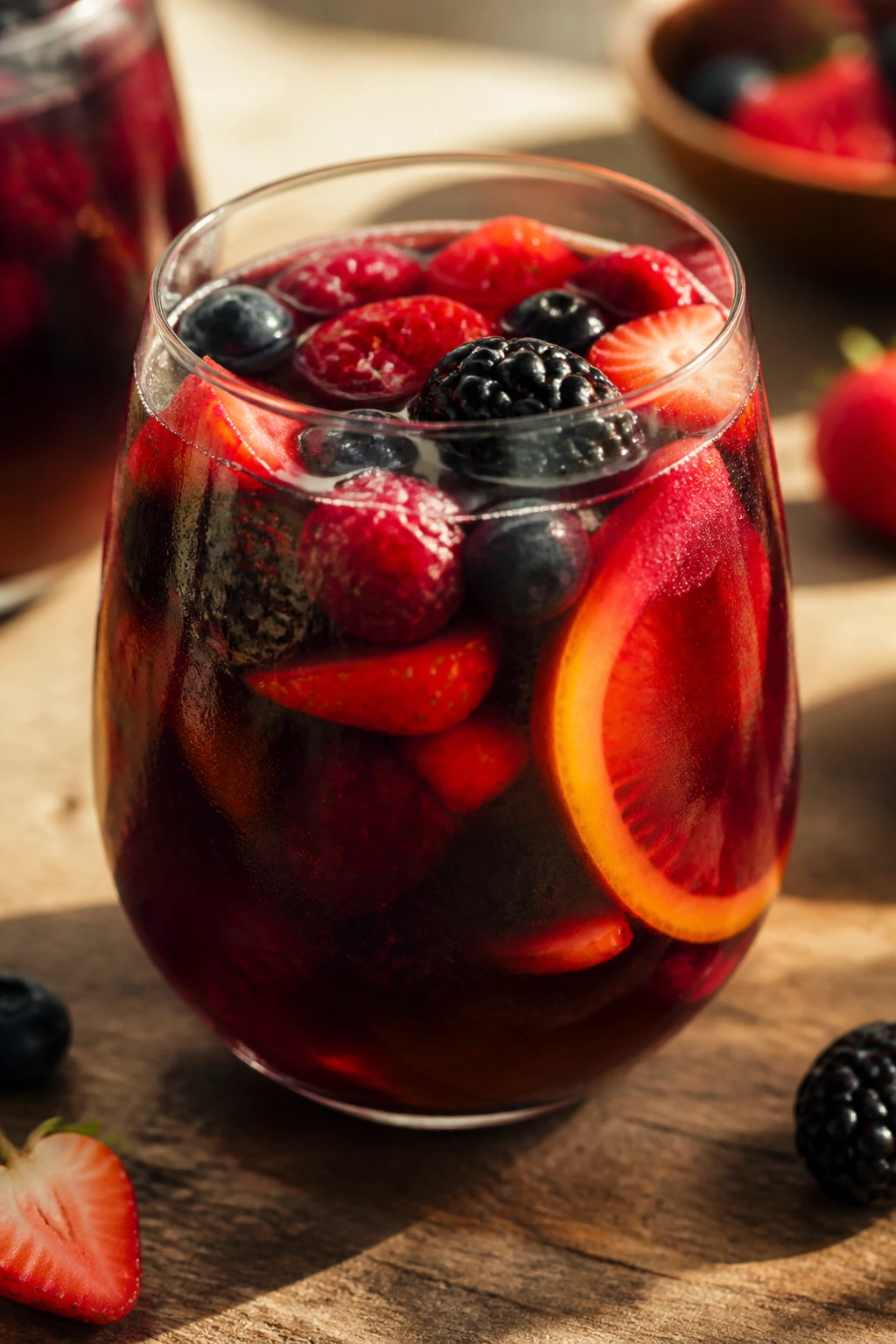 Close-up of mixed berry sangria in a glass with berries and orange slice