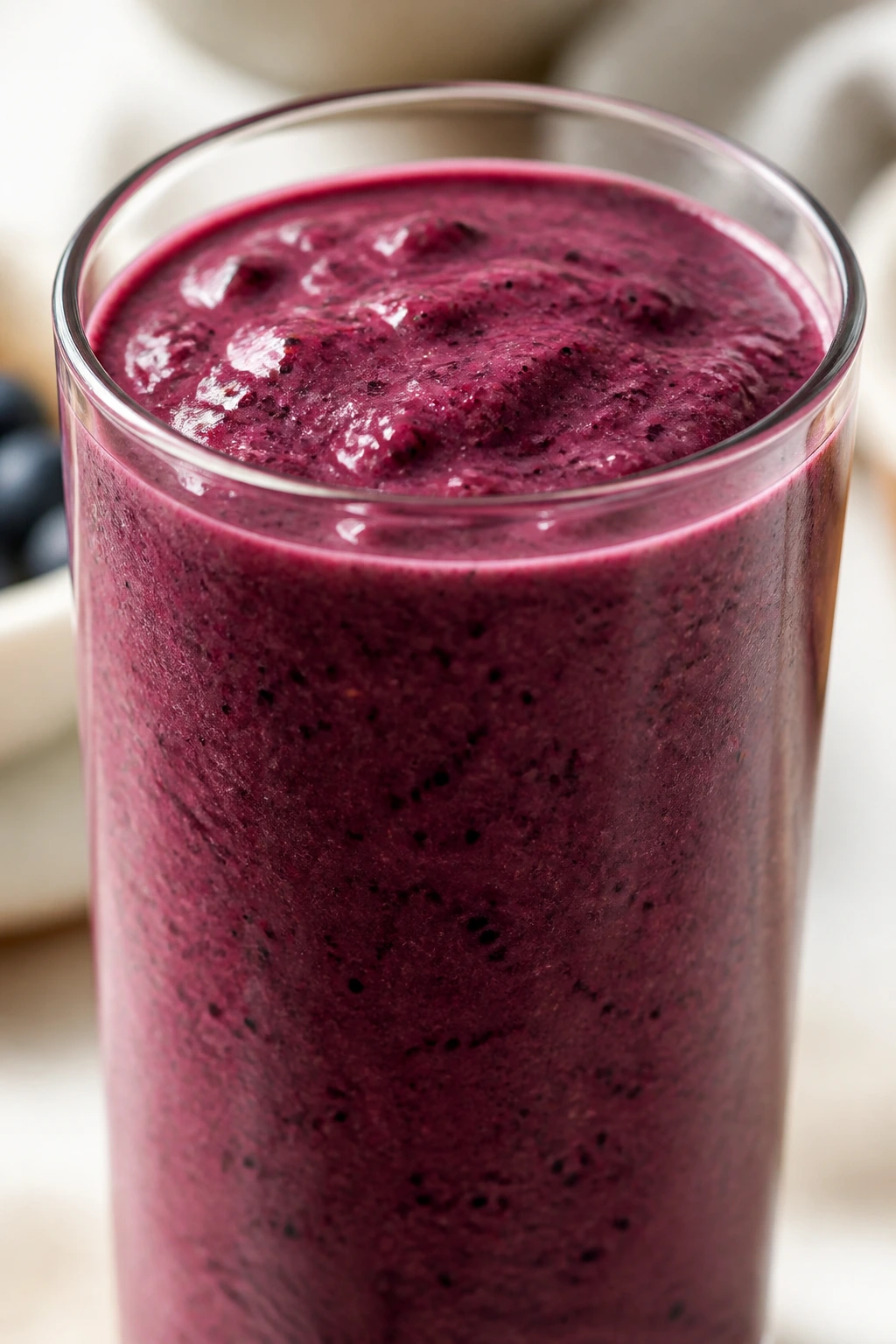 Deep purple mixed berry yogurt smoothie in a glass