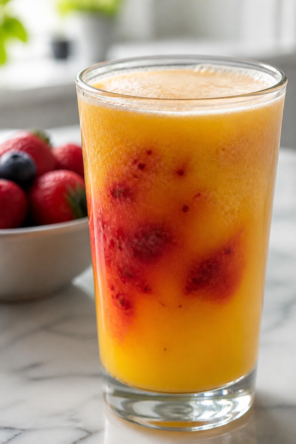 Glass of mixed citrus berry recovery juice on a kitchen counter
