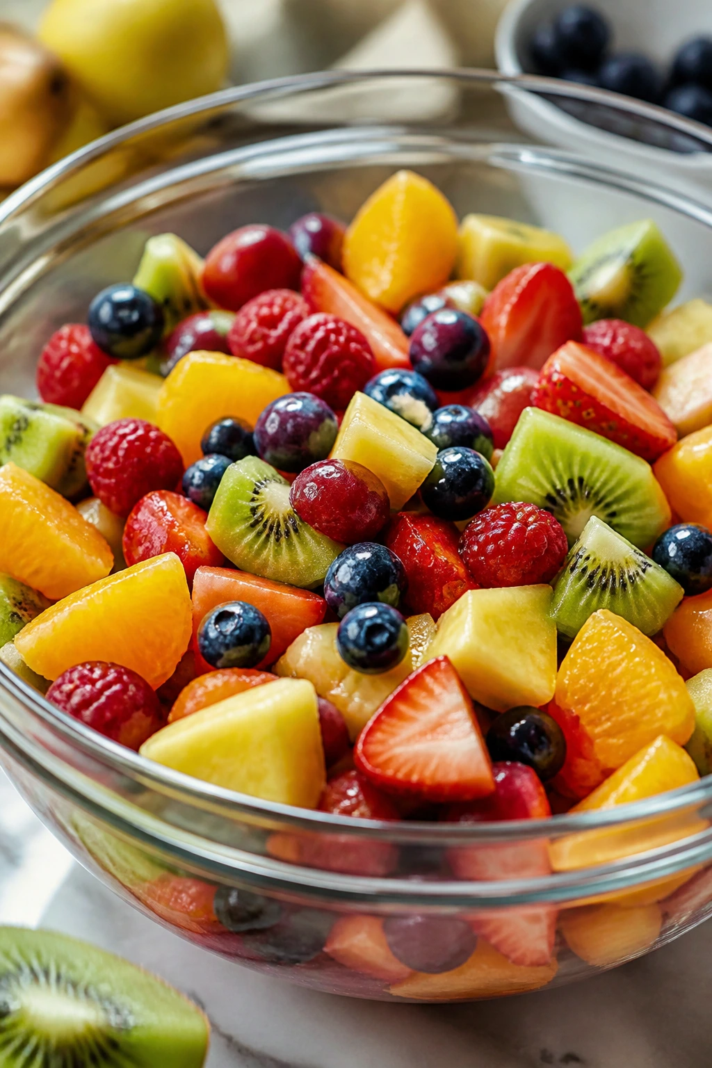 Glass bowl filled with colorful mixed fruit ready to toss.