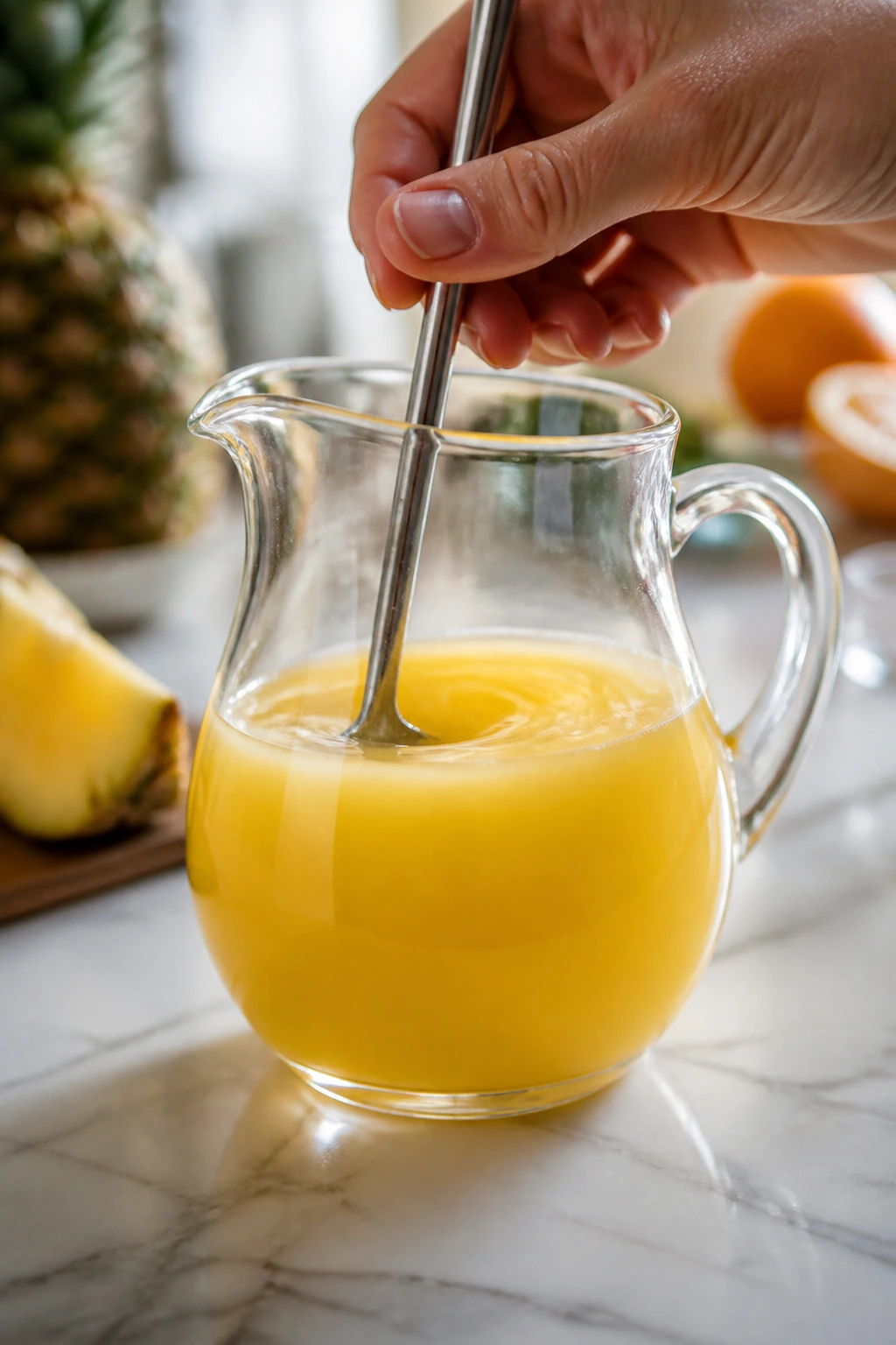 Pitcher of base mix being stirred for tropical mimosa on kitchen counter