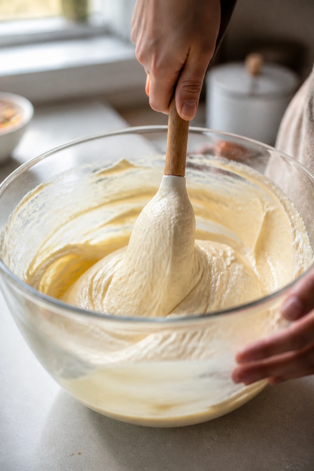 Close-up of pale batter being whisked in a bowl