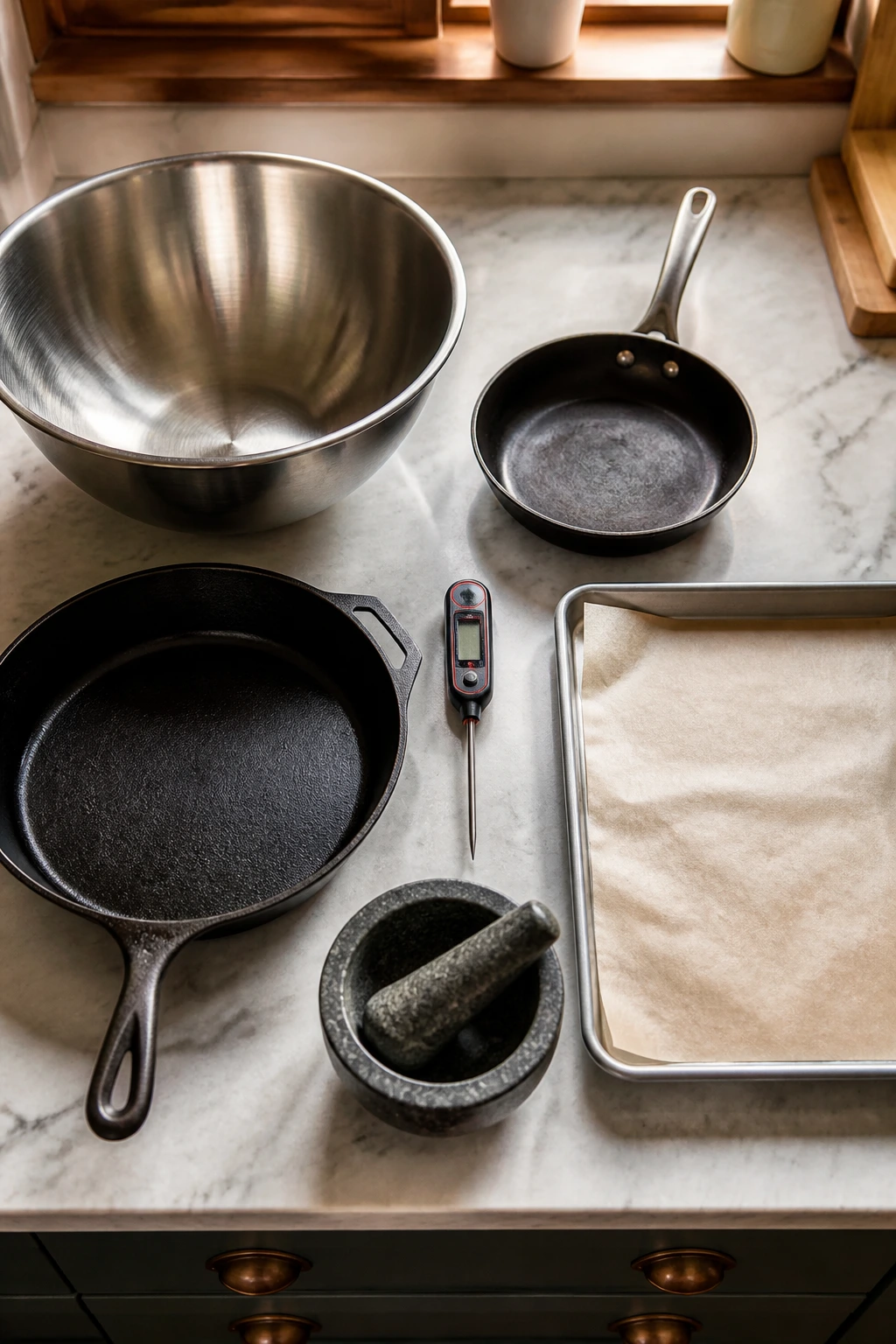 Tools for sausage making arranged on counter including bowls, skillet, thermometer