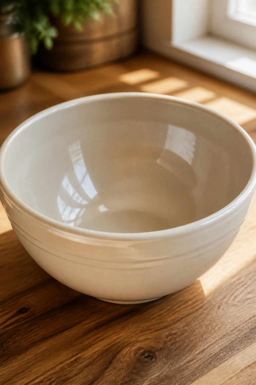 Close-up of a medium mixing bowl dominating a warm kitchen counter