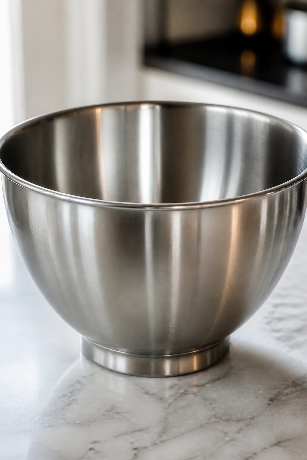 Large stainless mixing bowl dominates a kitchen counter