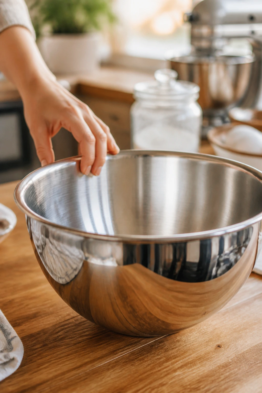 Hand reaching for a stainless steel mixing bowl in a bright kitchen