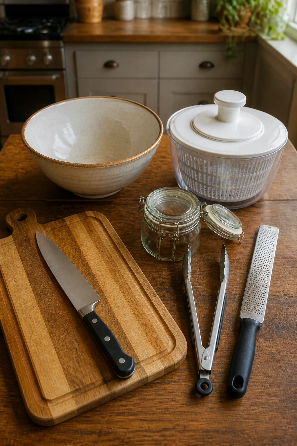 Tools for tossing salad laid out on a wooden surface