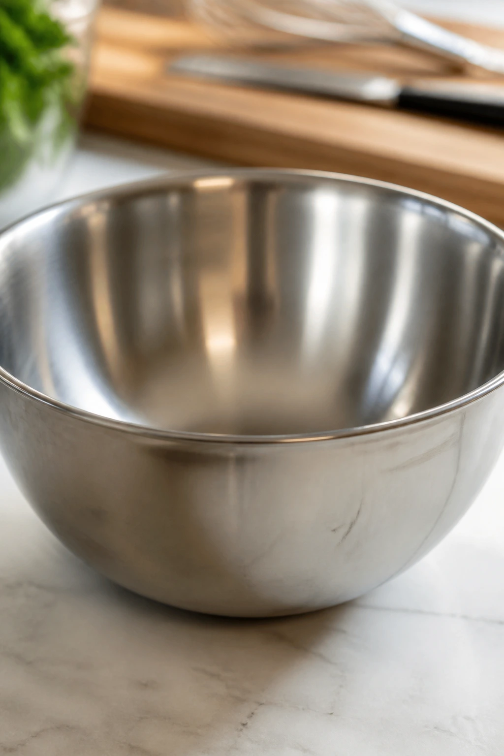 Large stainless steel mixing bowl on a kitchen counter