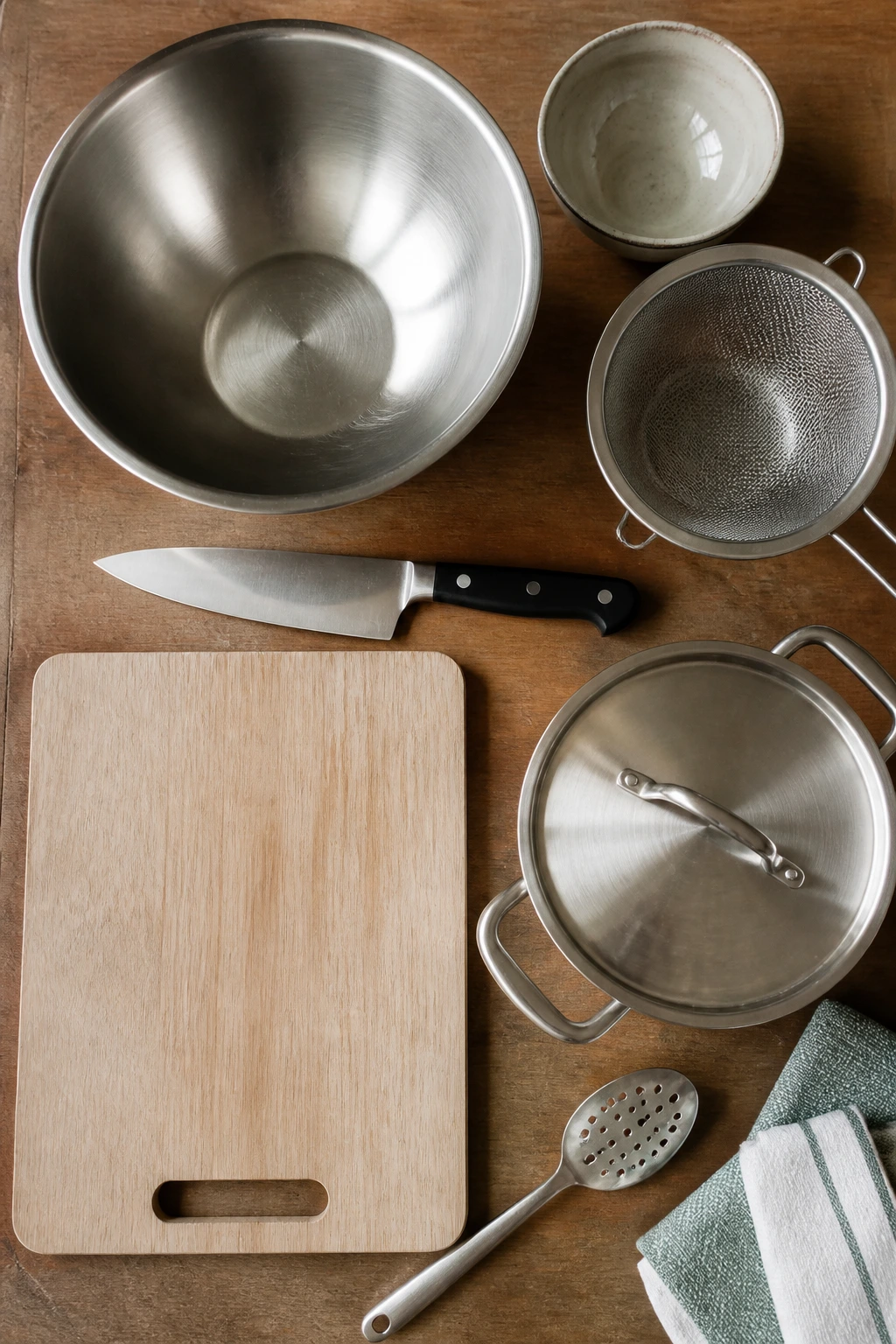 Set of kitchen tools for assembling the tuna salad arranged on a board