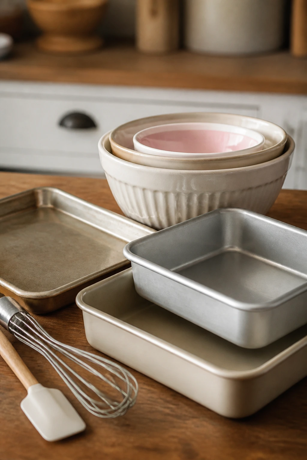 Mixing bowls and baking pans arranged on a kitchen counter