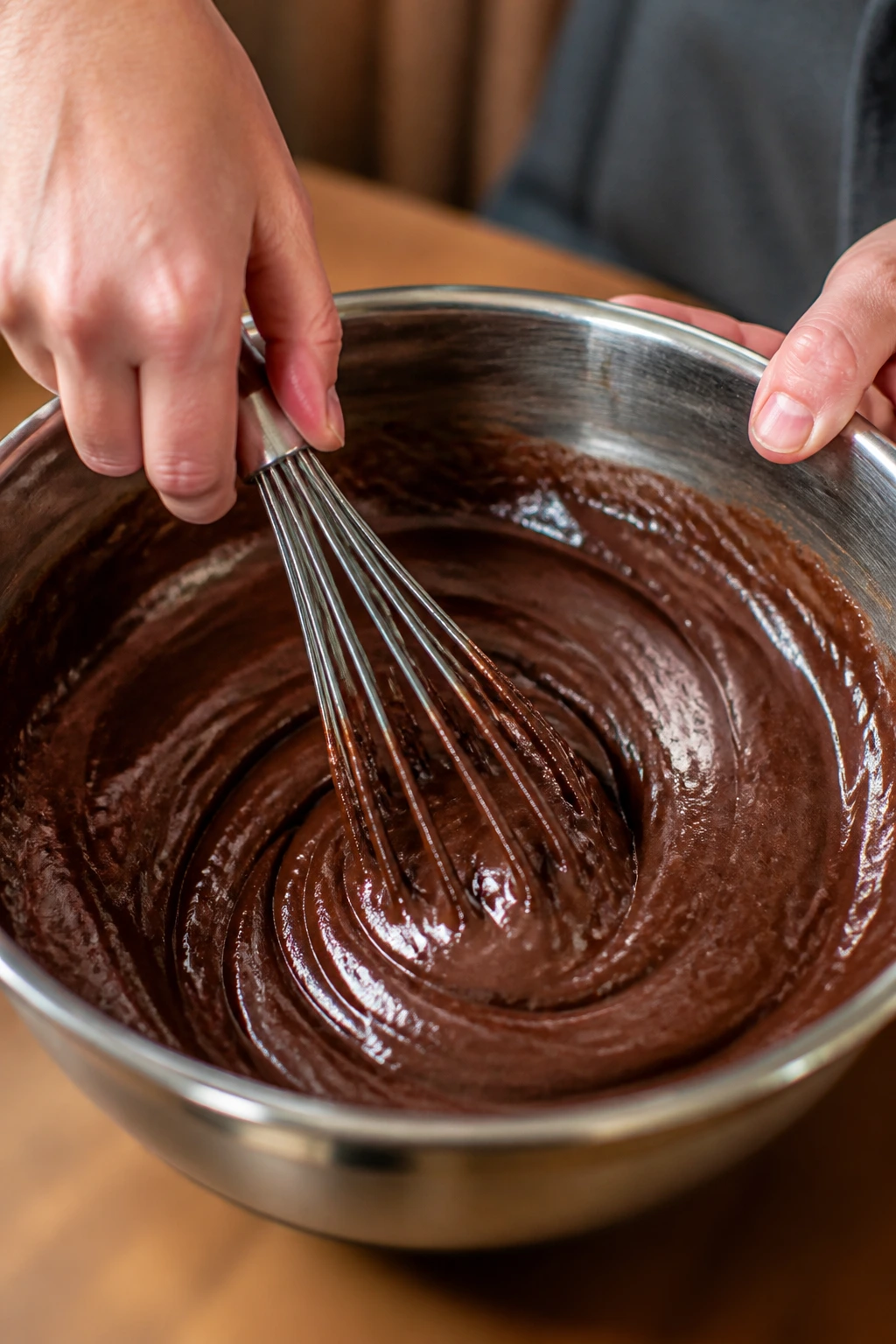 Hands whisking brownie batter in a bowl