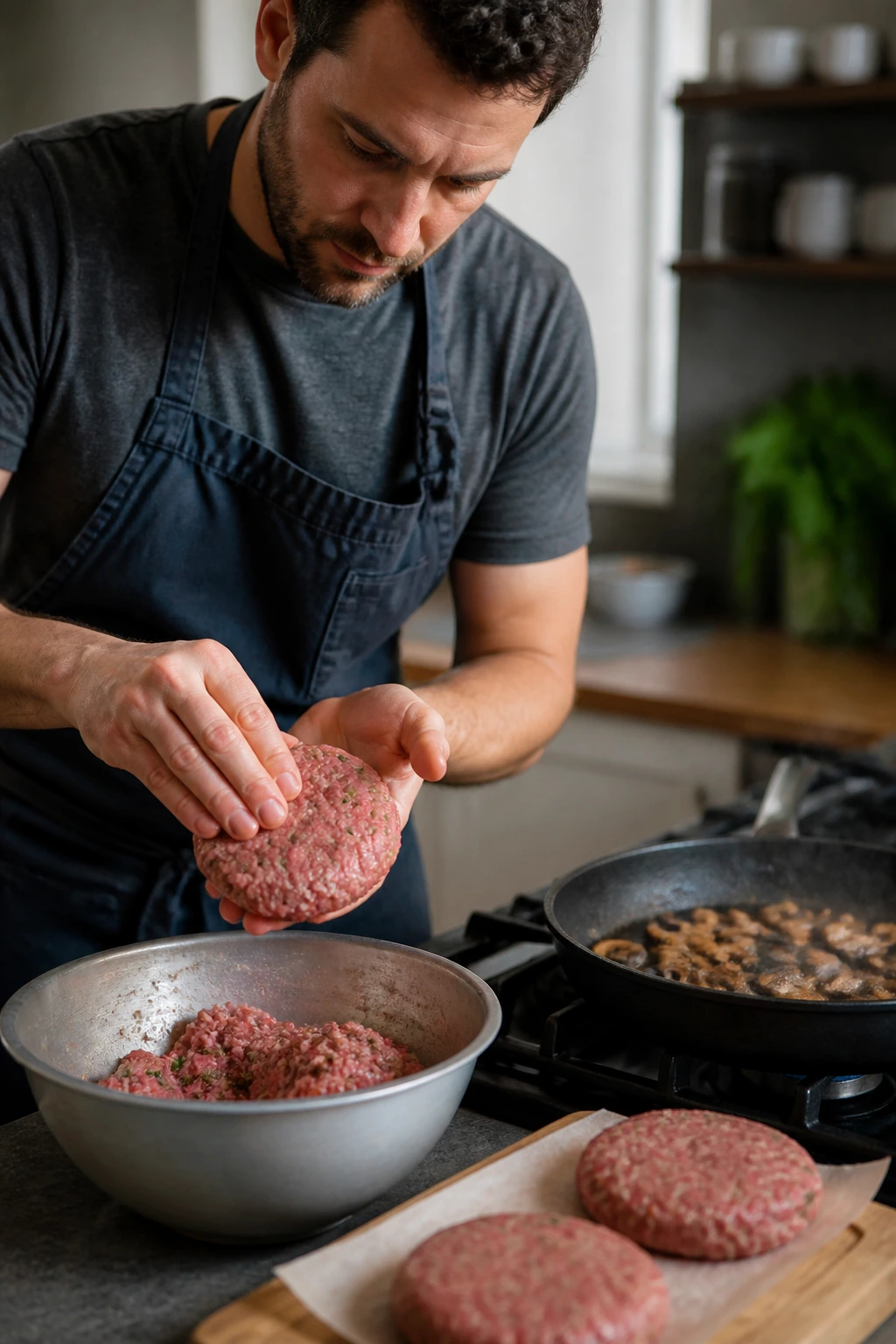 Person shaping burger patty in kitchen with skillet and mushrooms in background