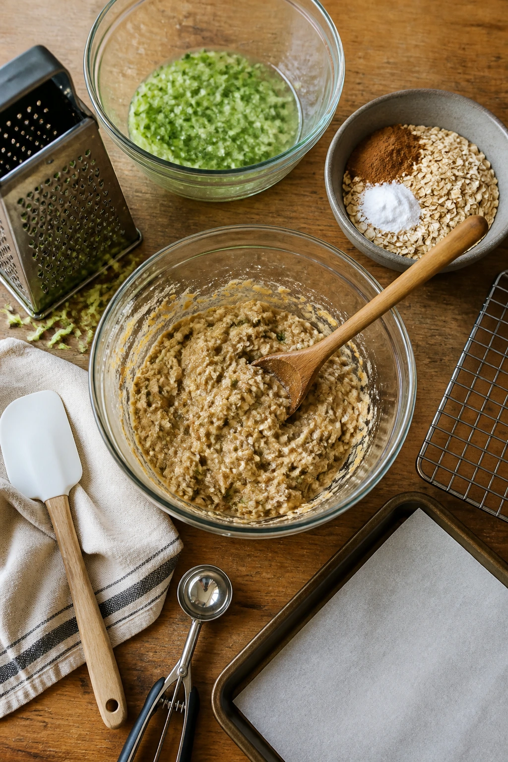 Mixing tools for zucchini oatmeal cookies on a countertop