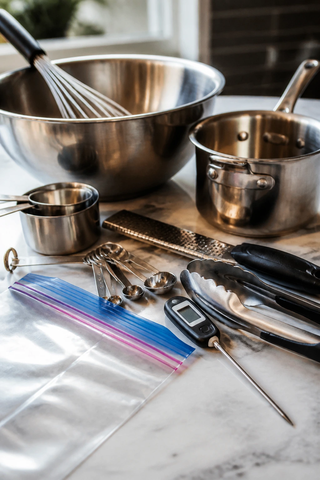 Close-up of essential mixing tools on a kitchen counter for emulsifying marinade