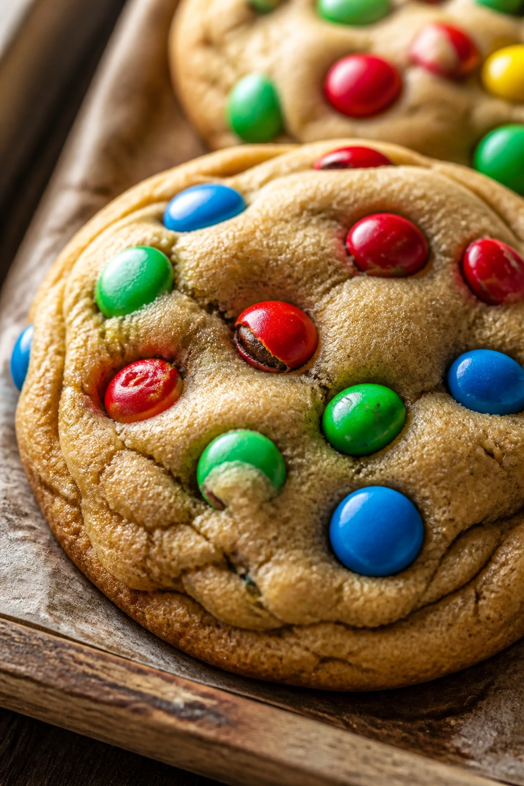 Close-up of thick chewy M&M cookies on a rustic tray