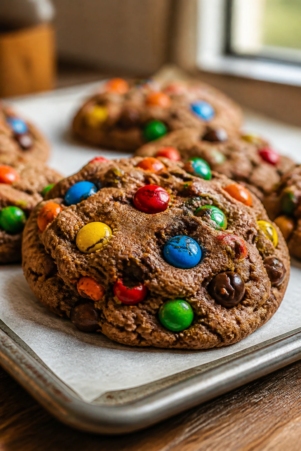 Close-up of a colorful M&M cookie with bright candy pieces
