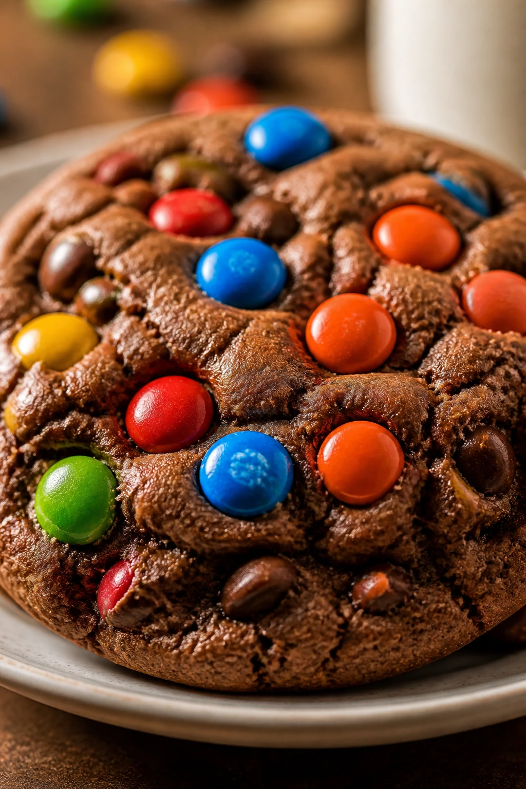 Close-up of M&M cookies with colorful candies on a kitchen counter