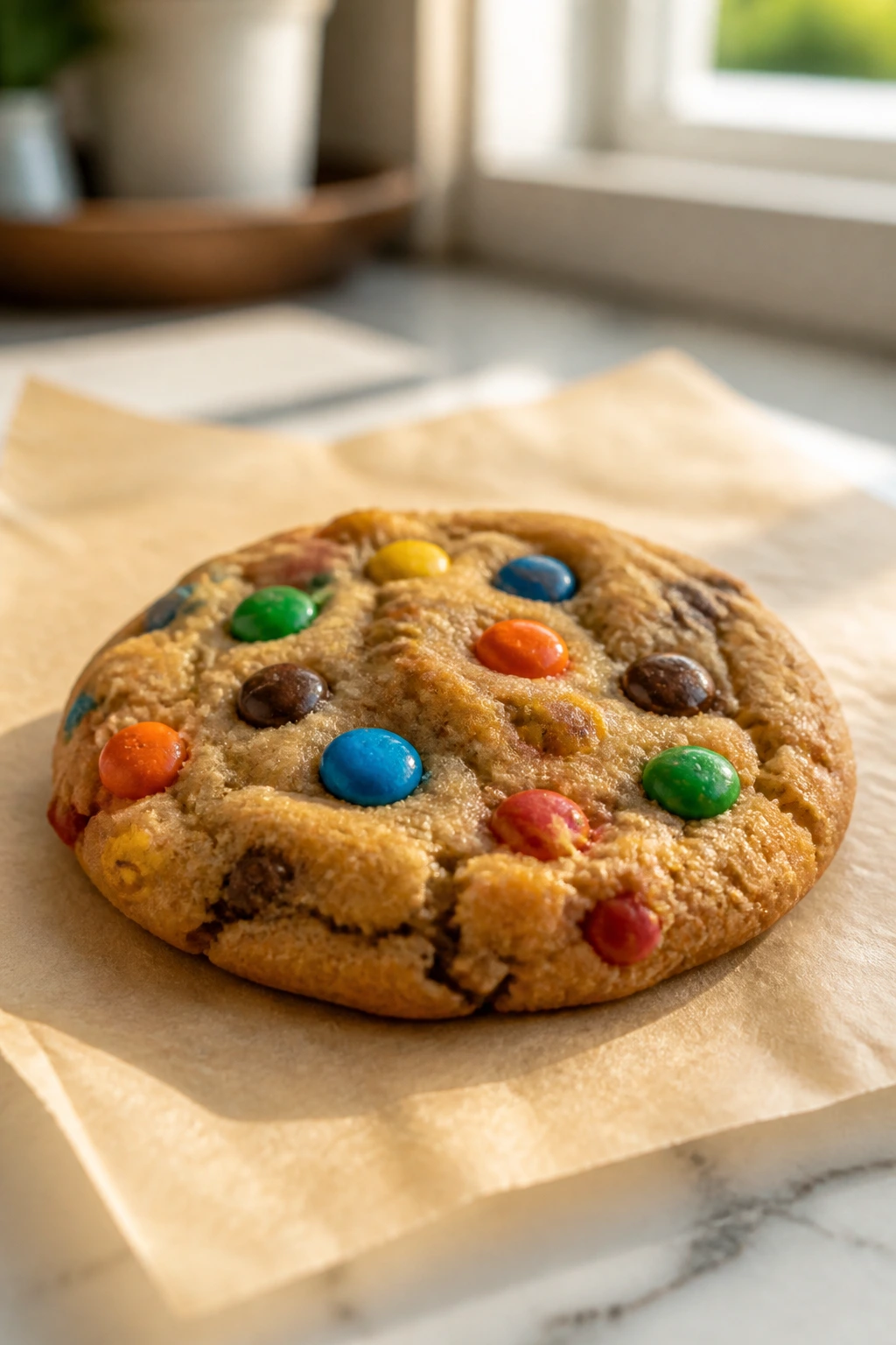 Close-up of Chewy M&M Cookie with colorful candies on parchment