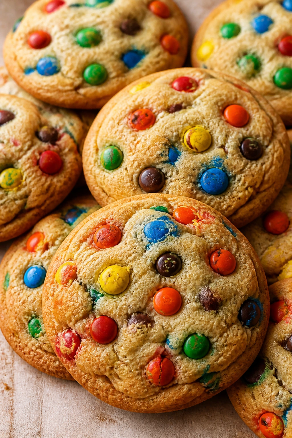 Colorful M&M cookies on a warm kitchen counter