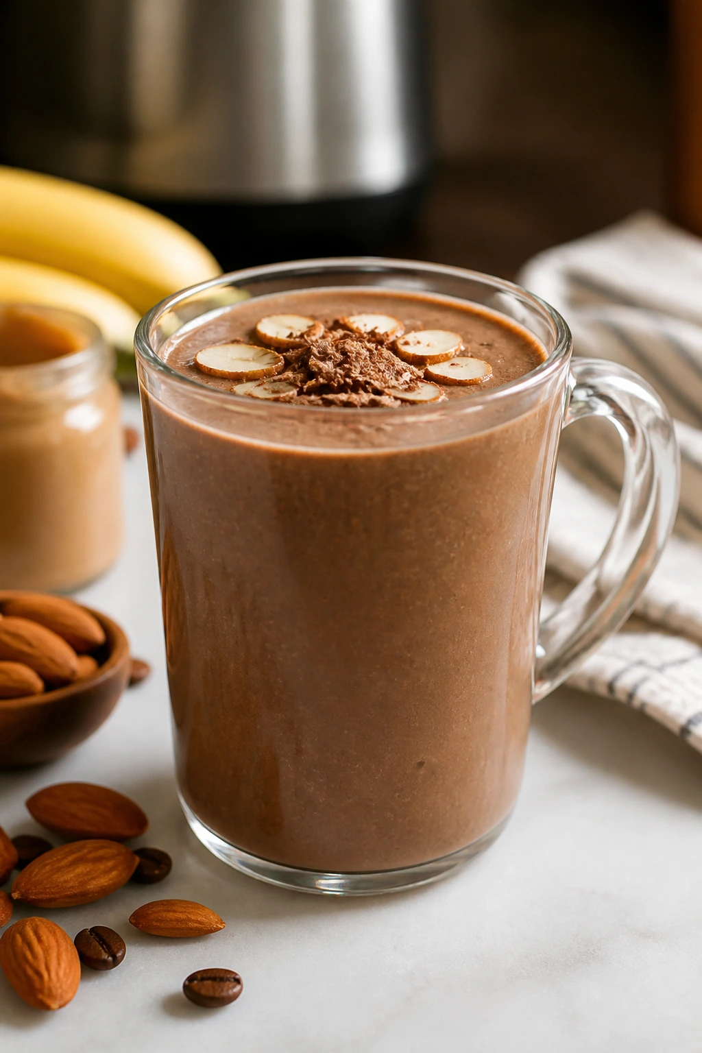 Close-up of mocha almond breakfast smoothie in glass mug on kitchen counter