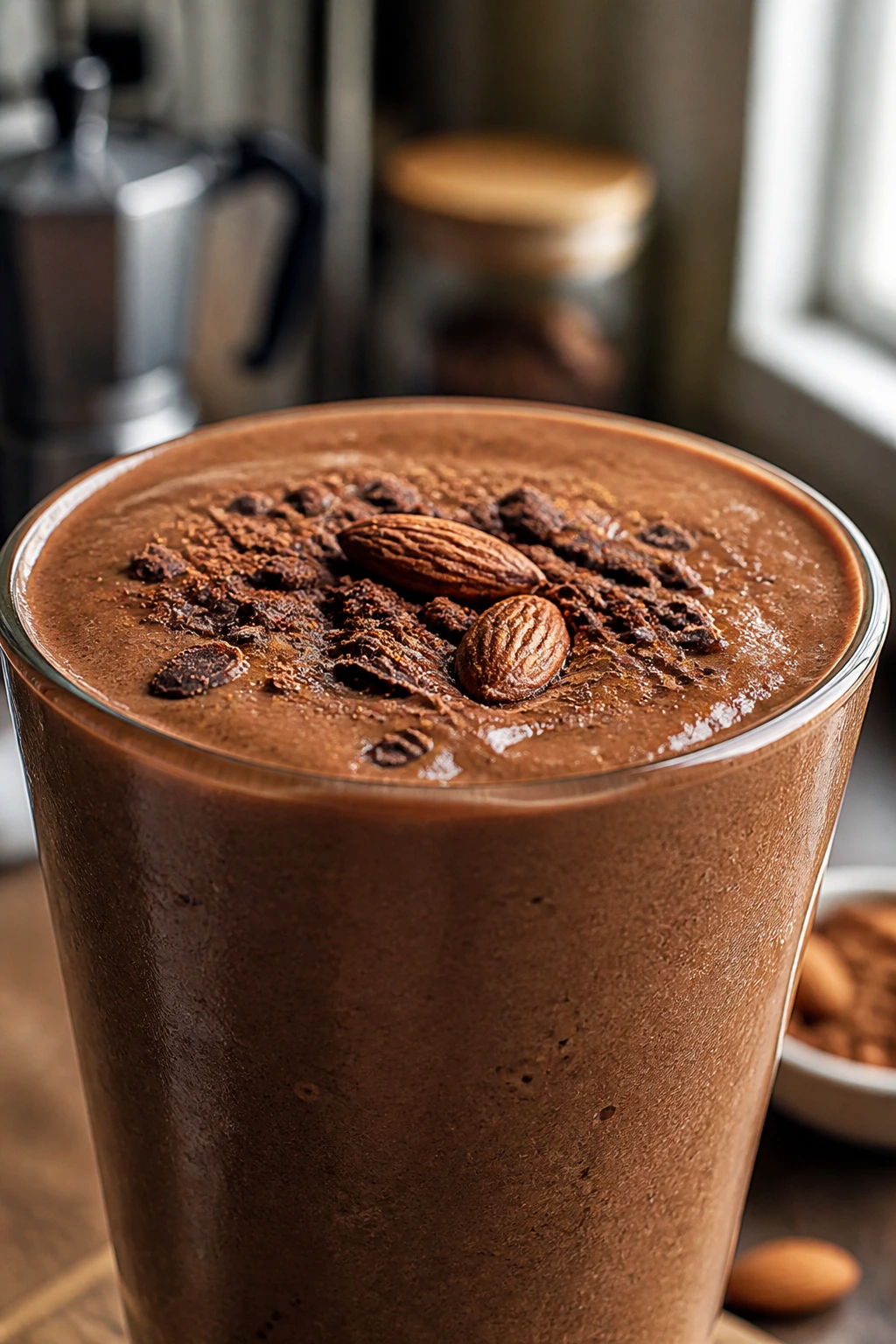 Close-up of Mocha Almond Smoothie in glass on kitchen counter