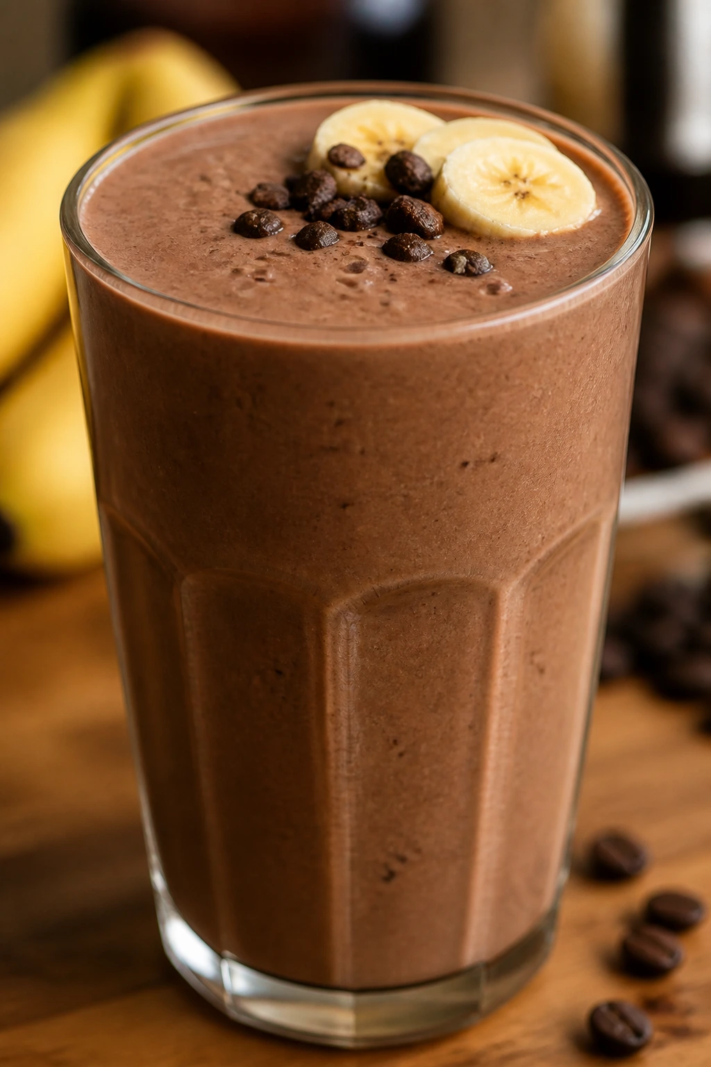 Mocha banana protein smoothie in a glass with chocolatey color