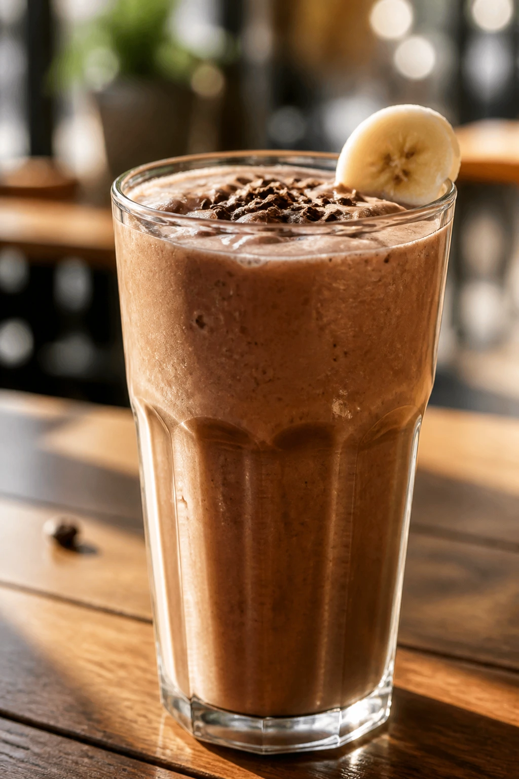 Mocha banana smoothie in a glass with rich chocolate color on a cafe table