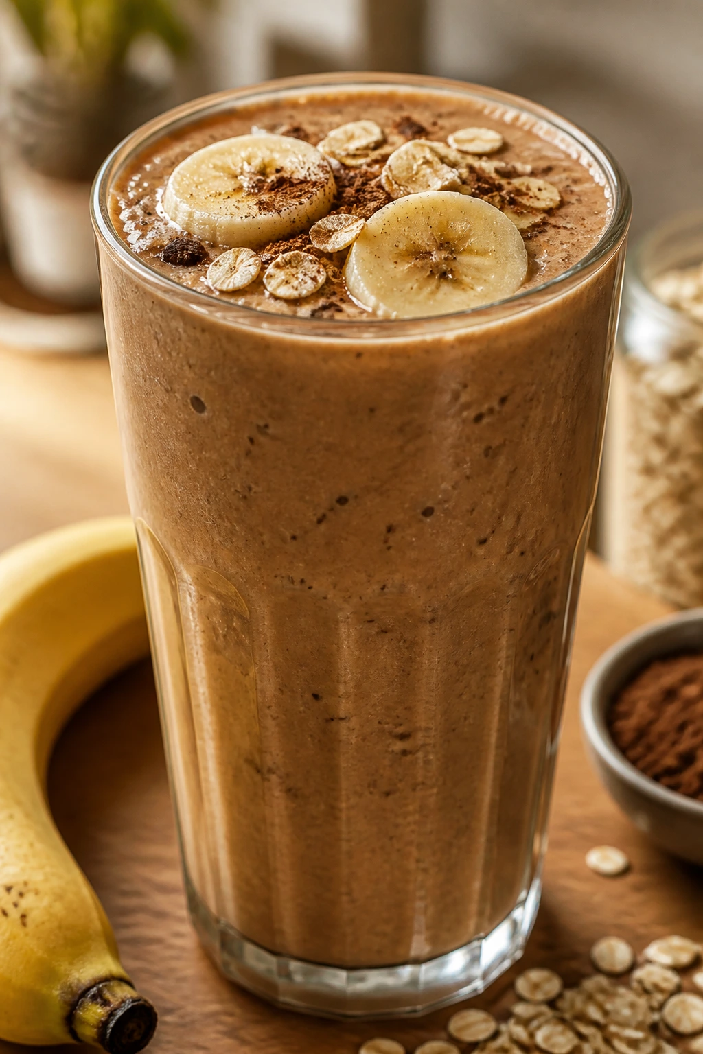 Close-up Mocha Banana Oat Smoothie in glass on warm counter