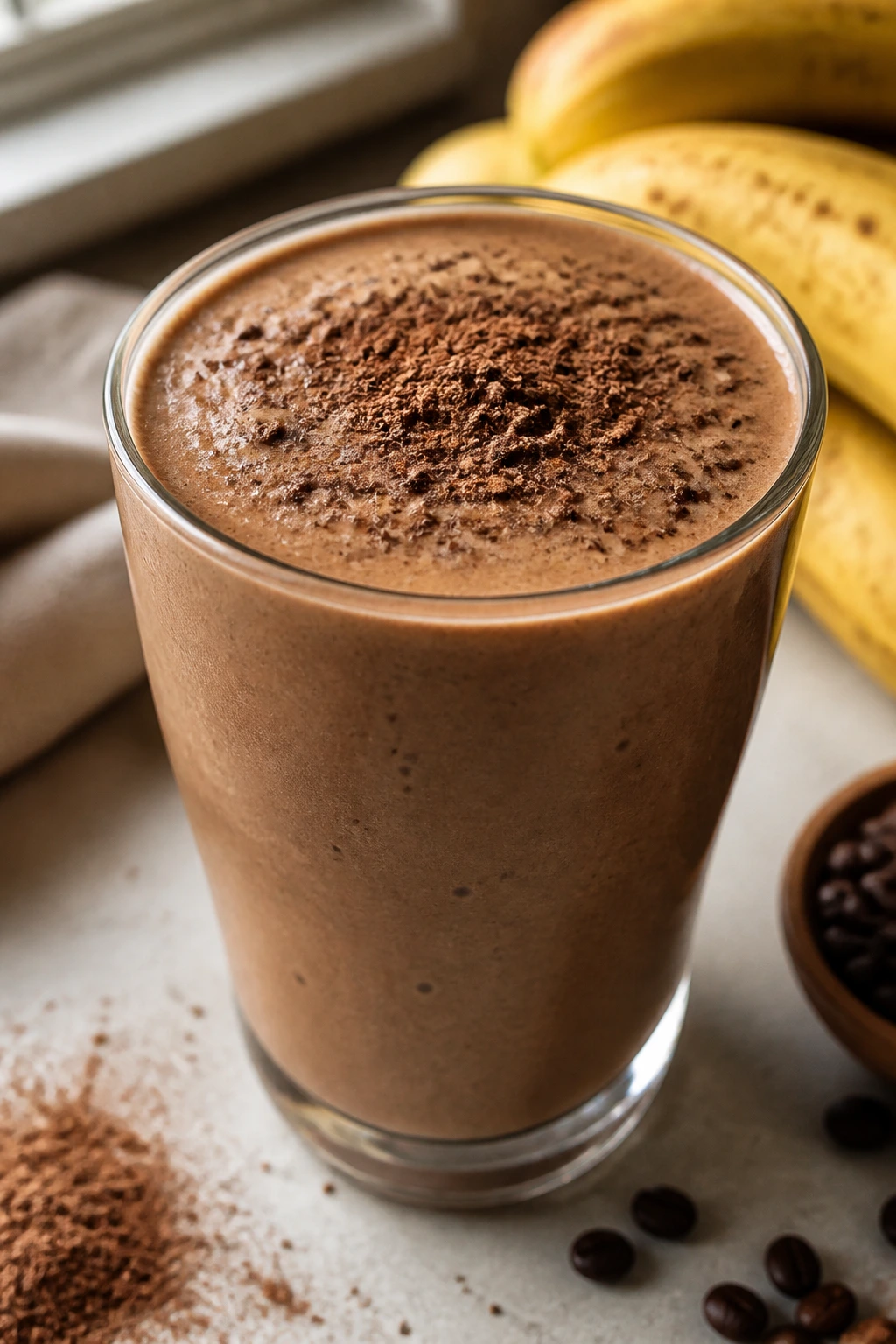 Close-up of Mocha Banana Smoothie in a glass with cocoa dusting on top on a cozy kitchen counter
