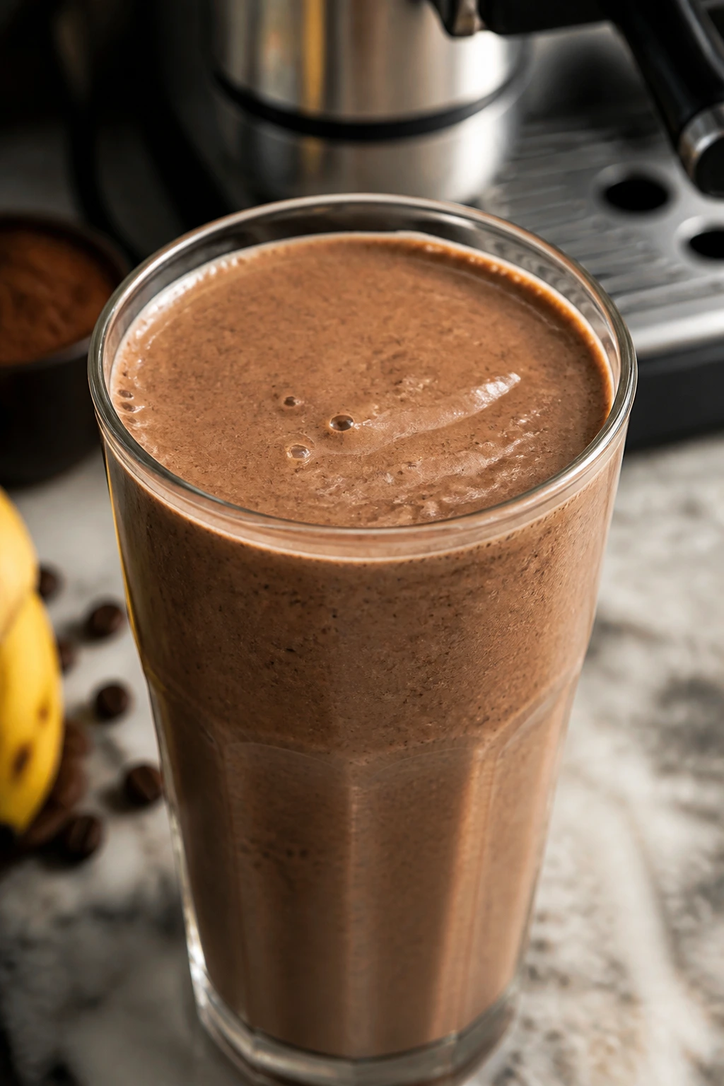 Mocha banana protein smoothie in a tall glass on a kitchen counter