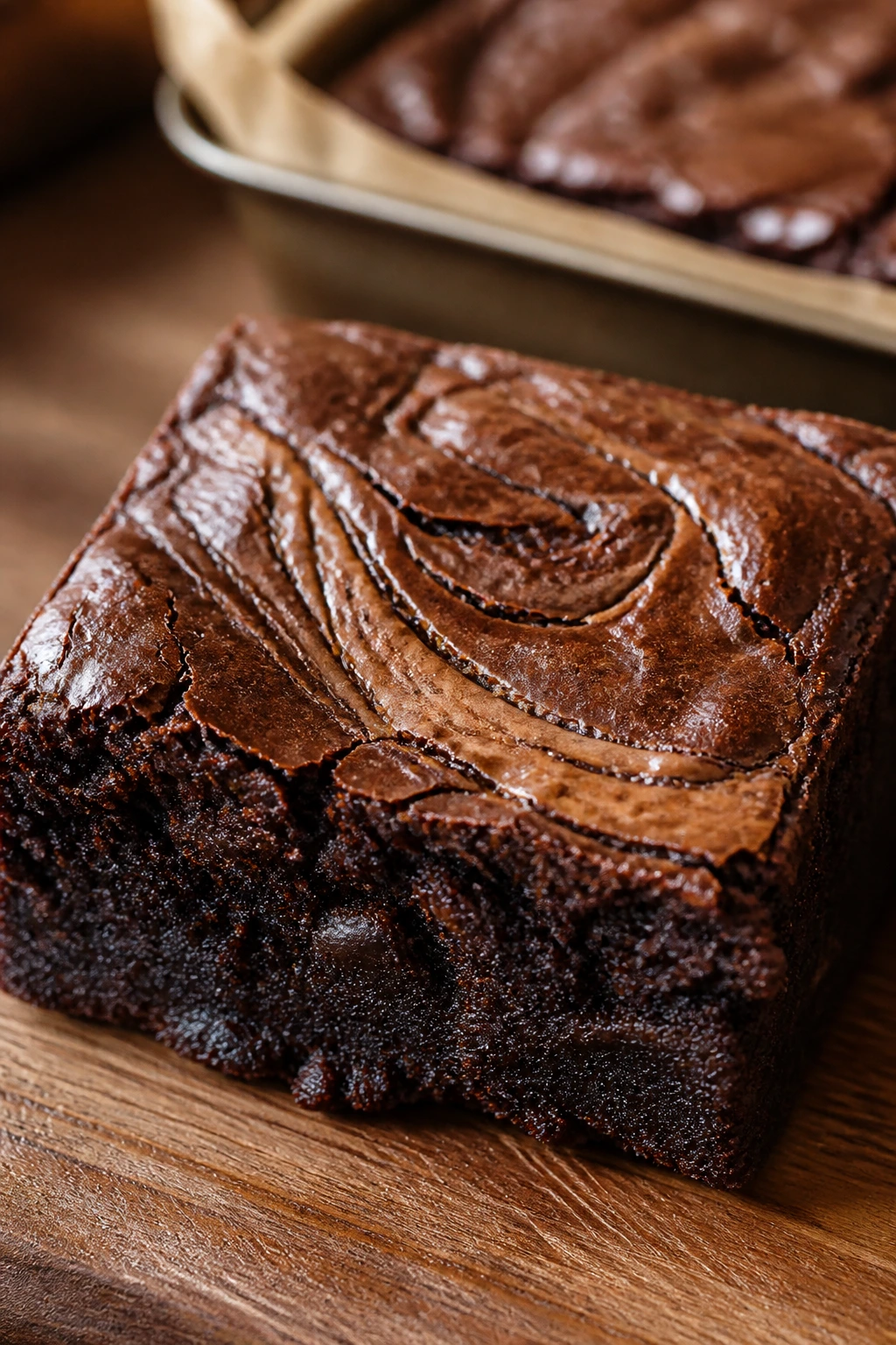 Close-up of a fudgy mocha brownie square with espresso swirls on a warm kitchen counter