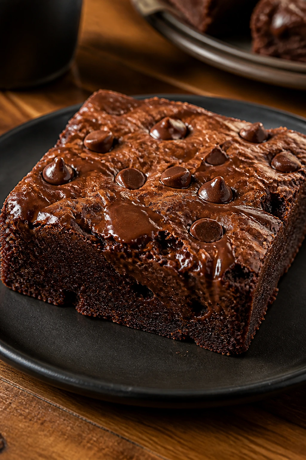 Close-up of a fudgy mocha chip brownie on a warm wooden counter