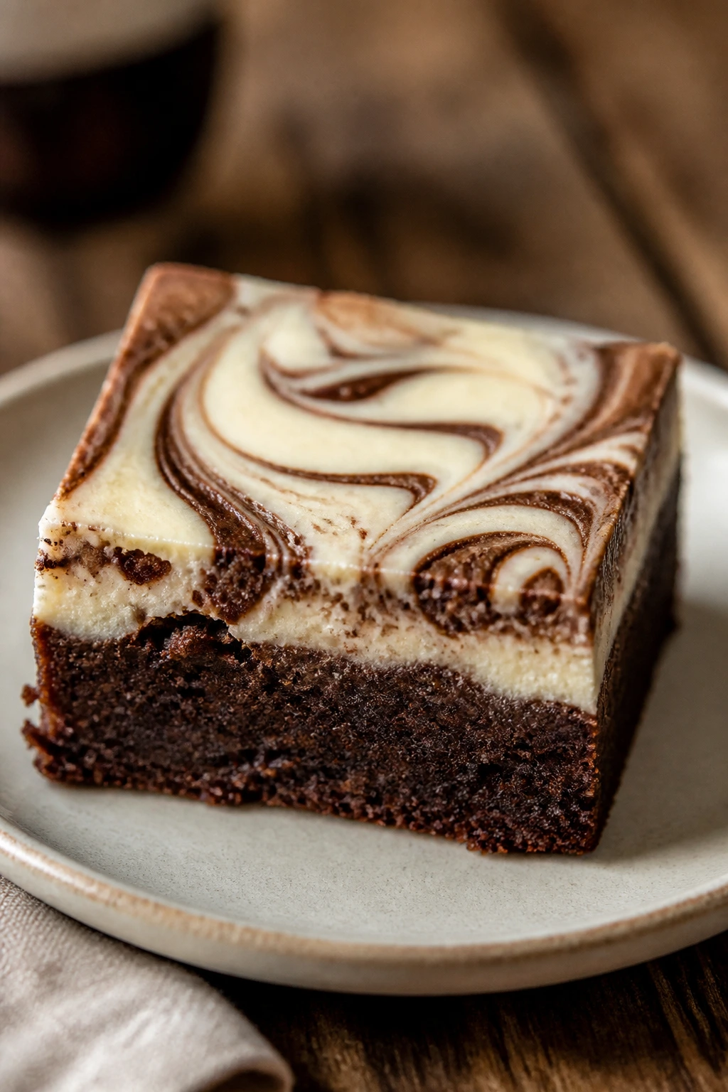 Close-up of mocha cream cheese bar with espresso base and cream cheese swirl