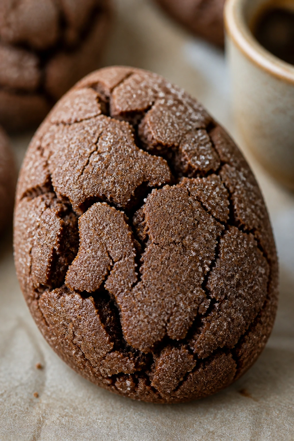 Close-up of a mocha crinkle Easter egg cookie with crackled surface and sugar dusting