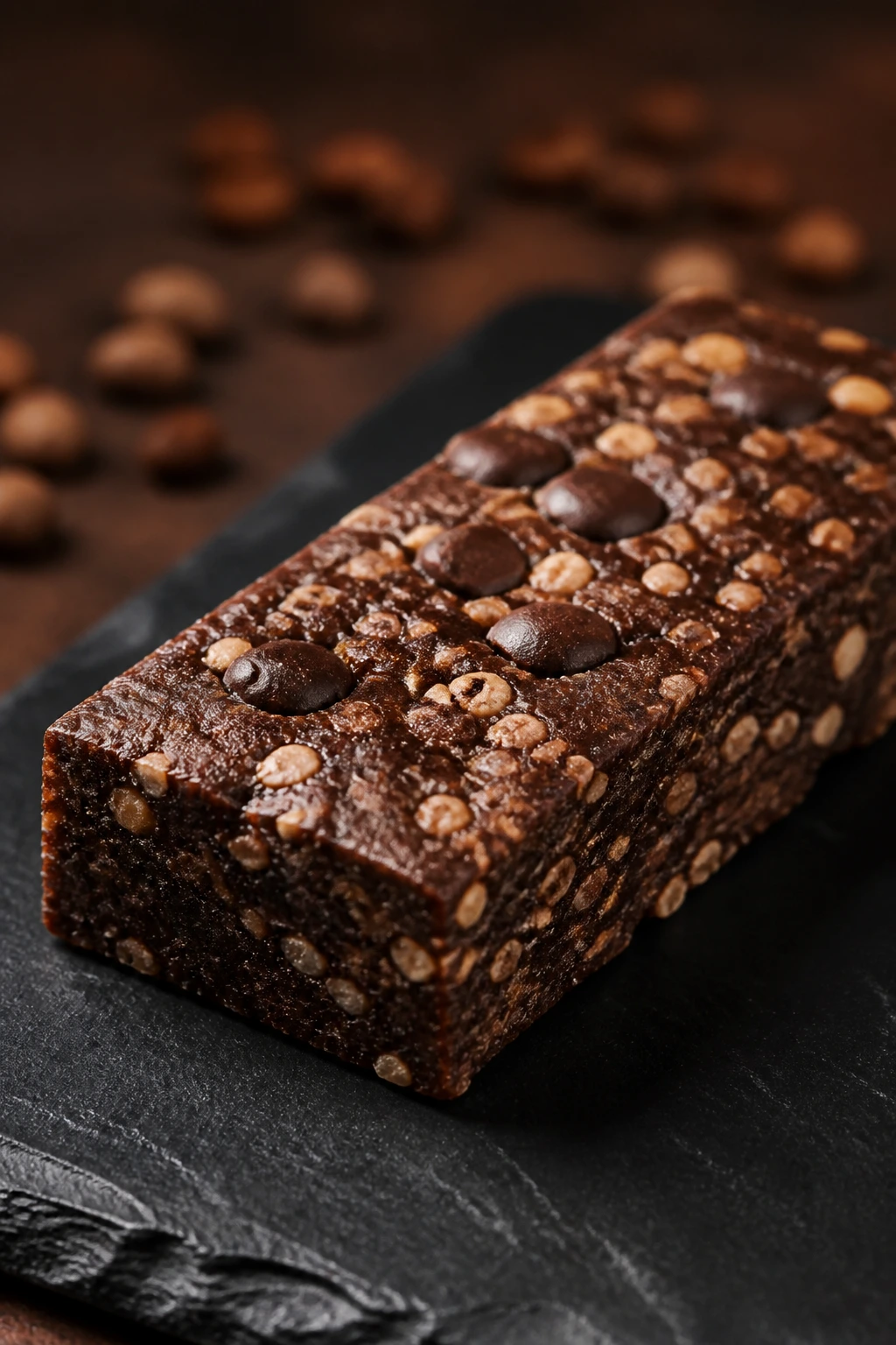 Close-up of mocha espresso protein bar on slate with chocolate pieces