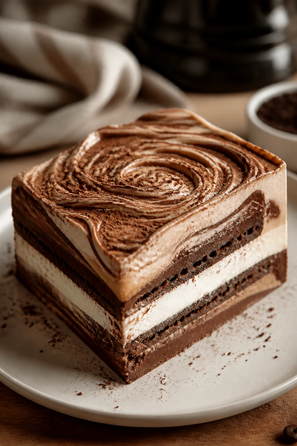 Ice cream sandwich cake slice with mocha fudge swirl