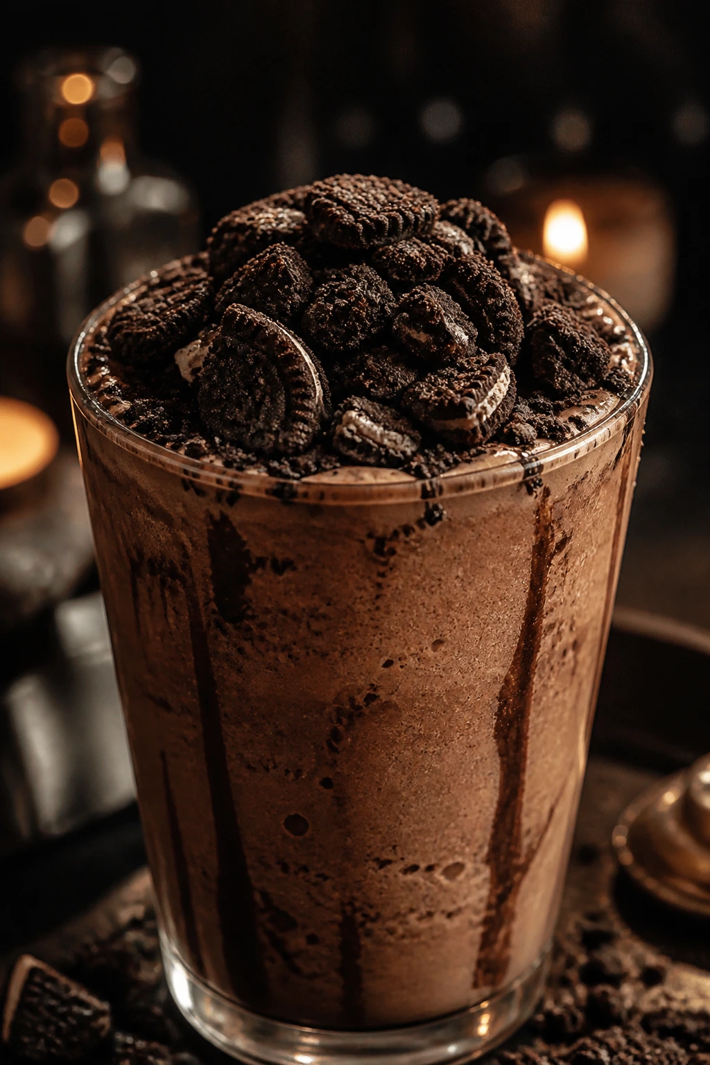 Close-up of Mocha Graveyard Smoothie with cookie crumb topping in glass