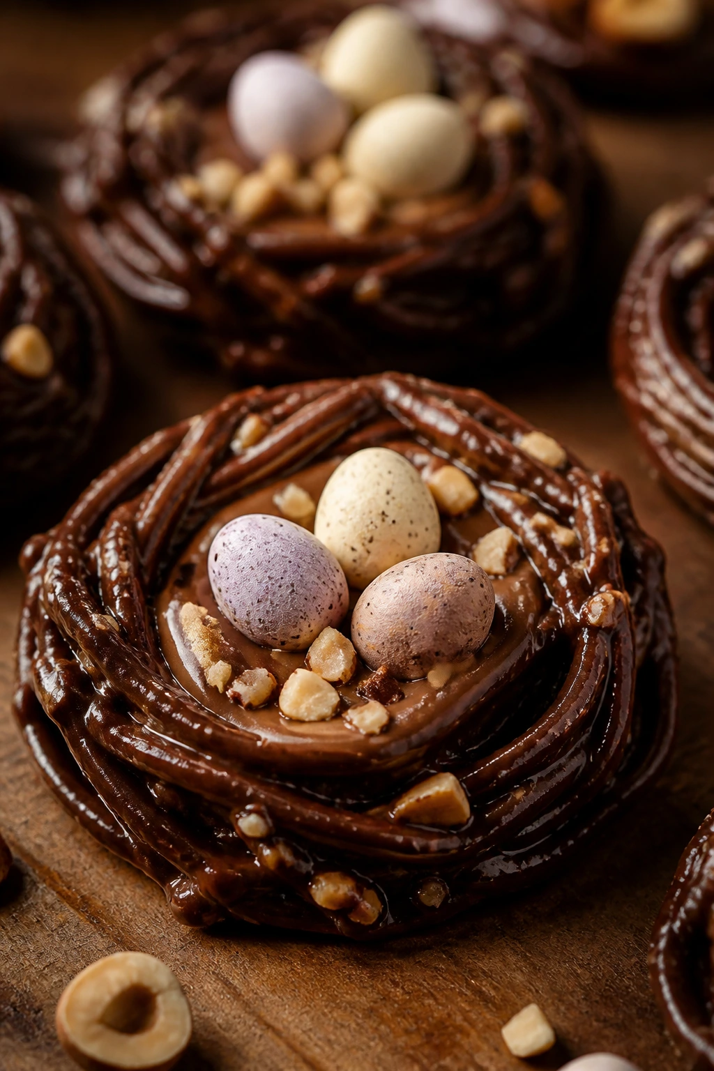 Close-up of mocha hazelnut nest cookie with hazelnut center on a kitchen counter