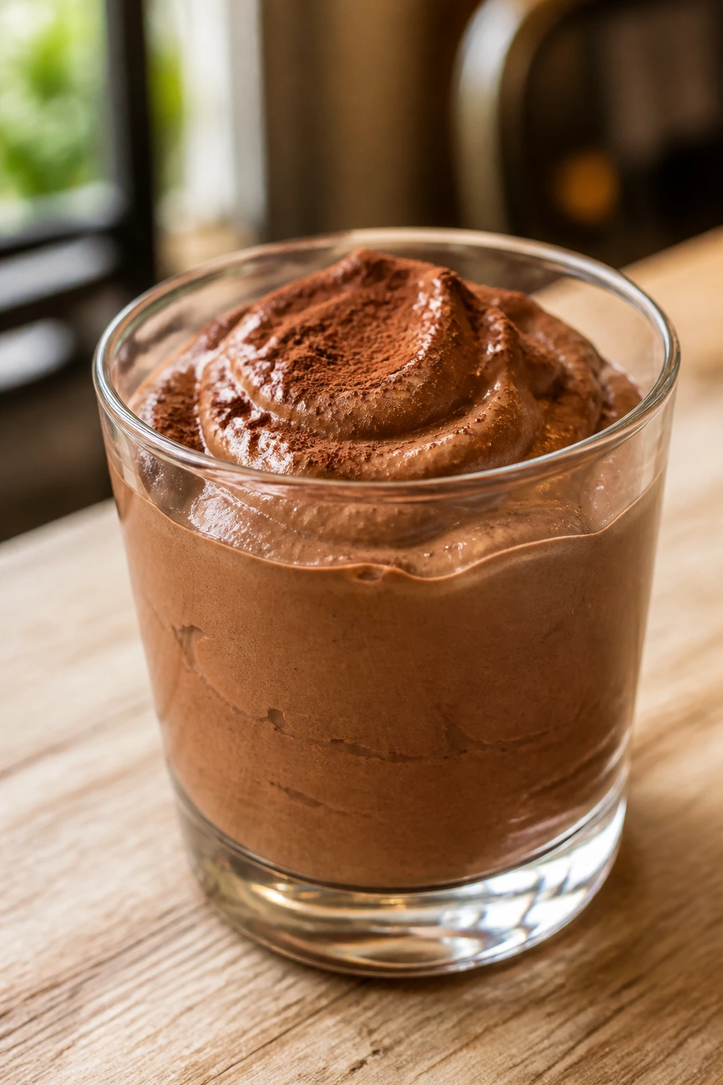 Mocha mousse cup with chocolate mousse visible in a clear cup