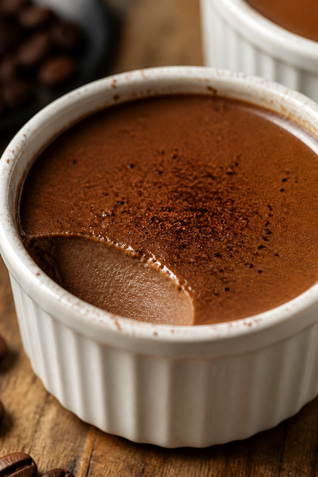 Mocha pots de crème in ramekin with glossy surface
